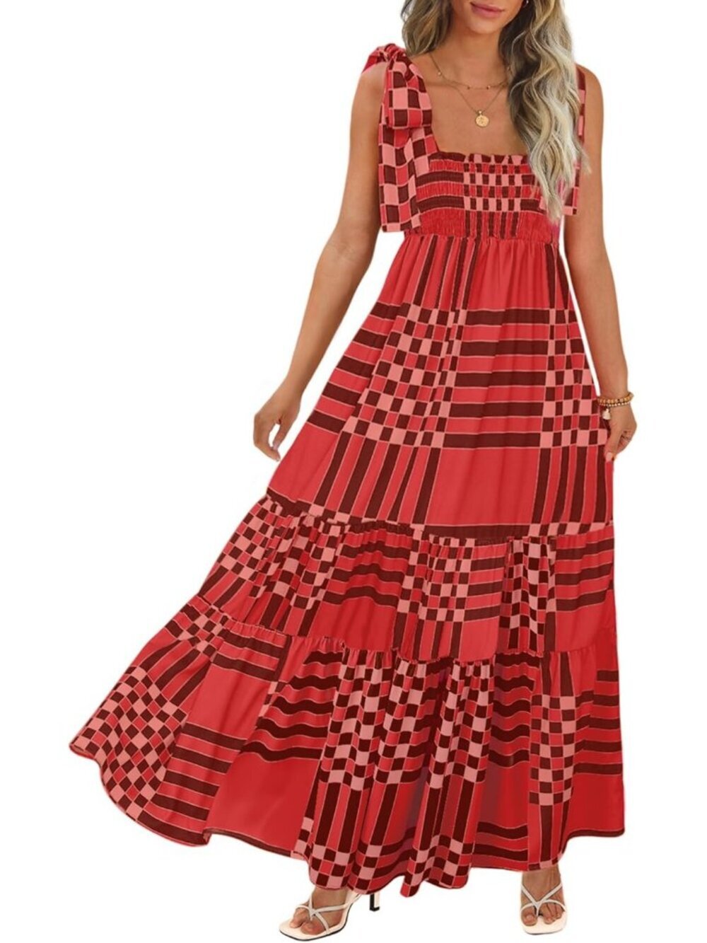 Women's Red Stripe Boho Spaghetti Straps Flowy Casual Long A-line Maxi Dress